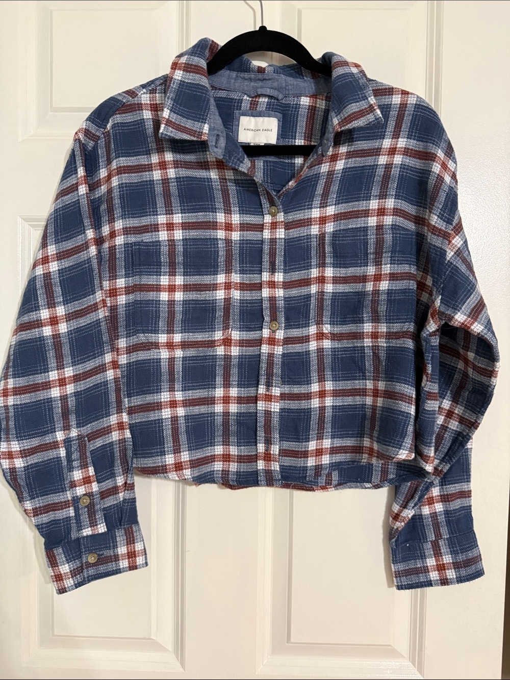 American Eagle Outfitters Blue Plaid Button-Down Shirt with Rust Stripes